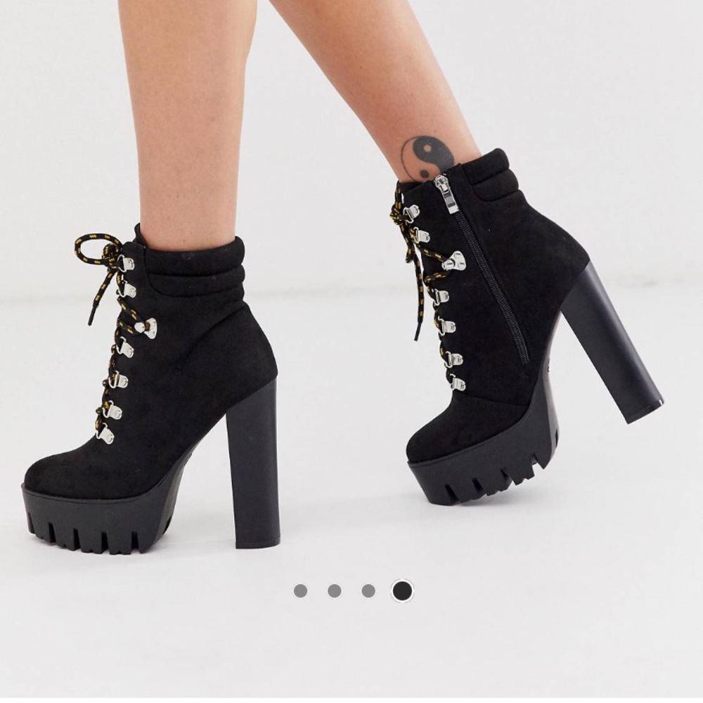 Truffle Collection Suede Lace Up Block Heel Hiker Boot Black